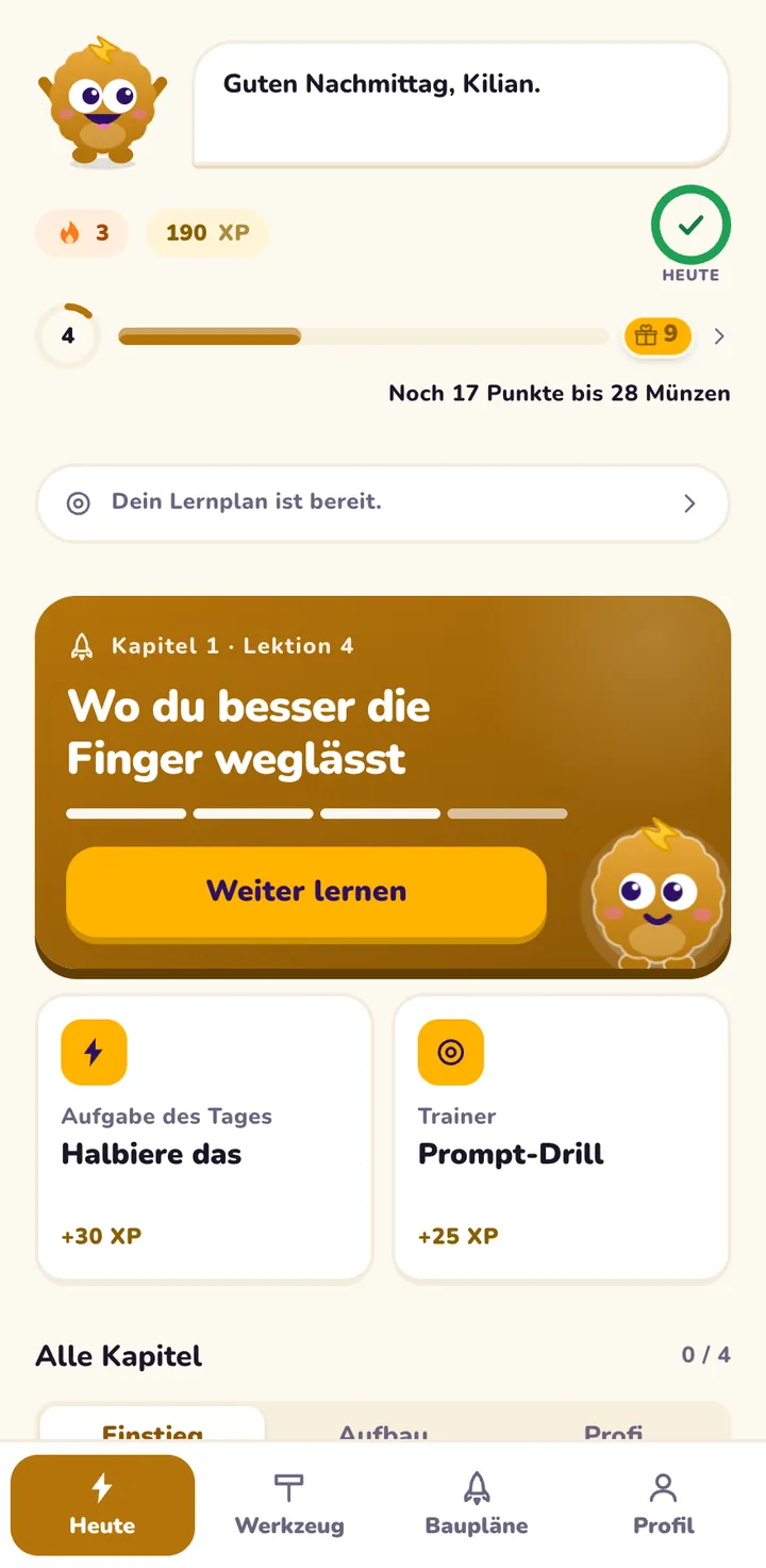 Klenna, Bildschirm Heute: Tagesziel, Serie und die Aufgabe des Tages